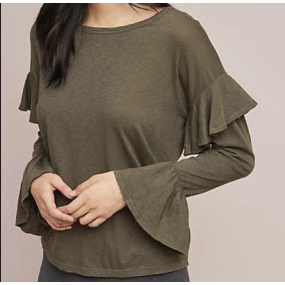 SUNDRY Pima Cotton Ruffled Long-Sleeve Tee, Large